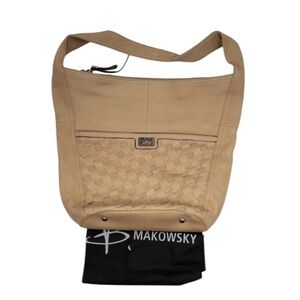 B Makowsky Glove Maisie Leather Hobo Bag with Woven Detail Basketweave Light Tan